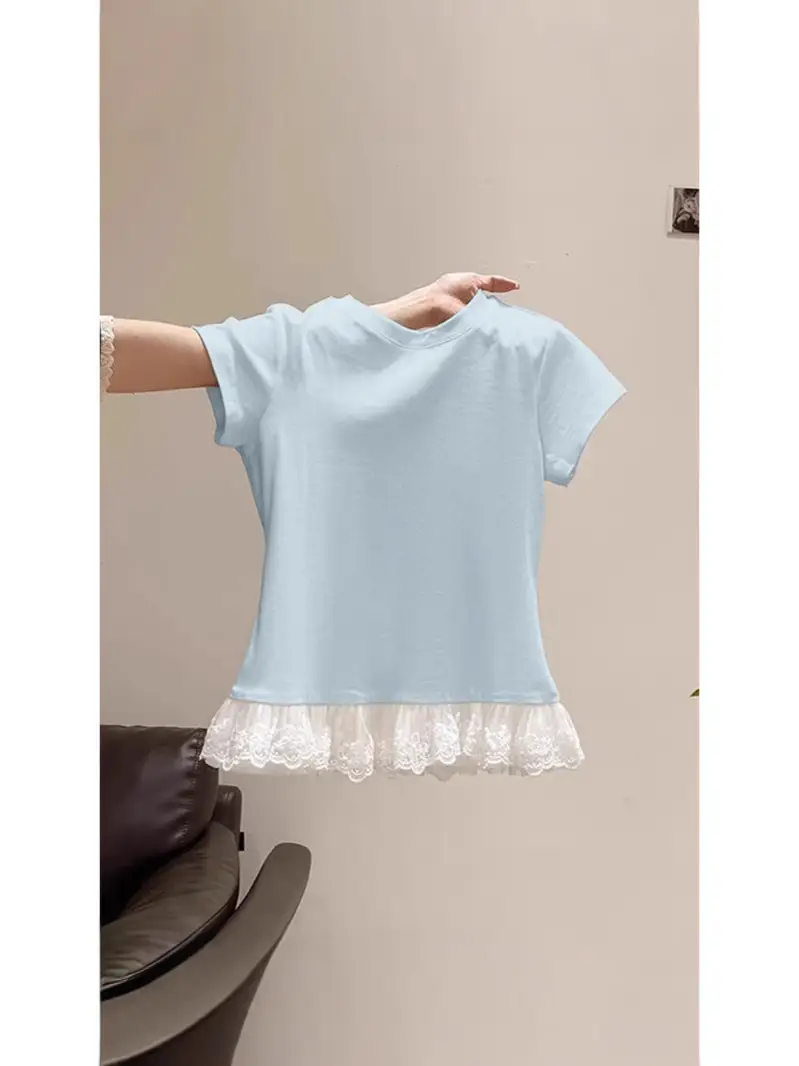 Lace Splicing White Round Neck Short-Sleeved T-Shirt for Women 2025 Summer New Slimming Look Niche Top Trendy