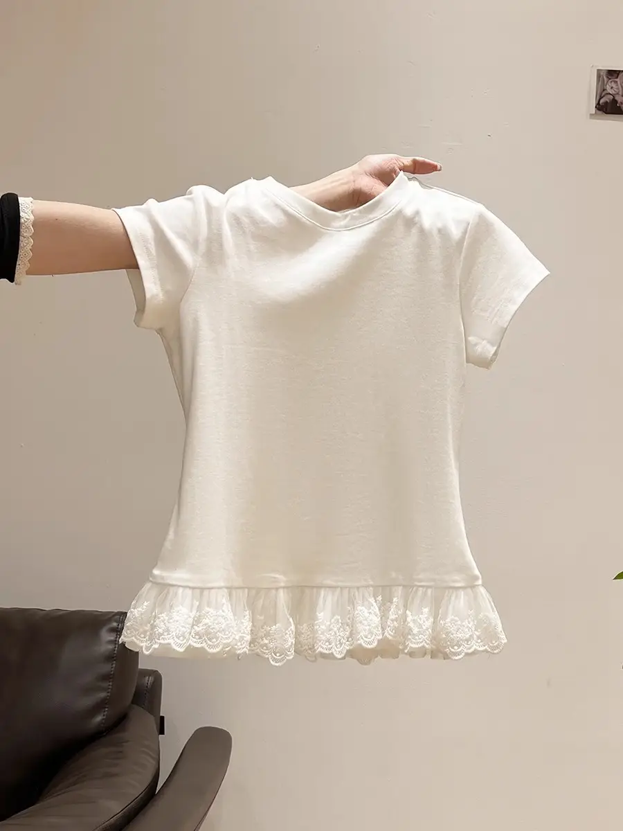 Lace Splicing White Round Neck Short-Sleeved T-Shirt for Women 2025 Summer New Slimming Look Niche Top Trendy — feature 10