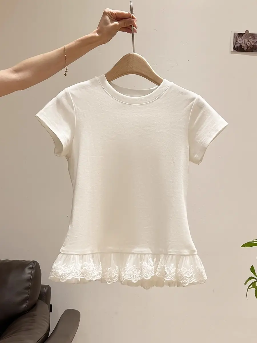 Lace Splicing White Round Neck Short-Sleeved T-Shirt for Women 2025 Summer New Slimming Look Niche Top Trendy — feature 14