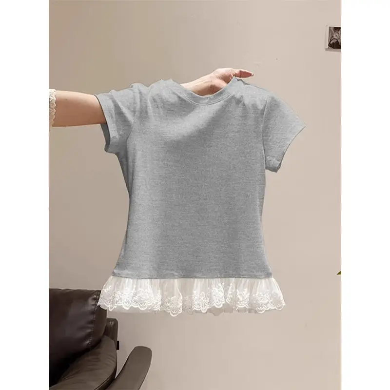 Lace Splicing White Round Neck Short-Sleeved T-Shirt for Women 2025 Summer New Slimming Look Niche Top Trendy — feature 15