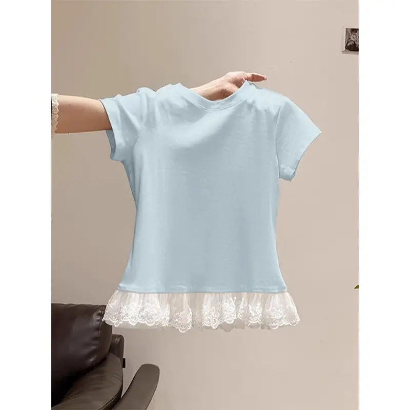 Lace Splicing White Round Neck Short-Sleeved T-Shirt for Women 2025 Summer New Slimming Look Niche Top Trendy — feature 17