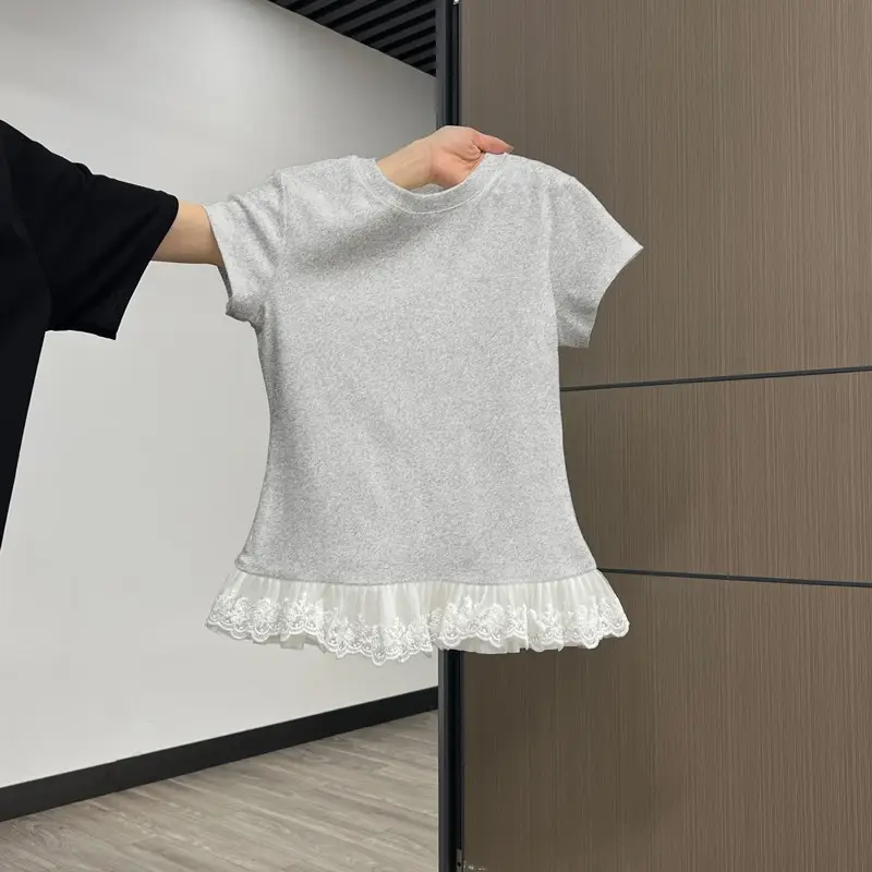 Lace Splicing White Round Neck Short-Sleeved T-Shirt for Women 2025 Summer New Slimming Look Niche Top Trendy — feature 18