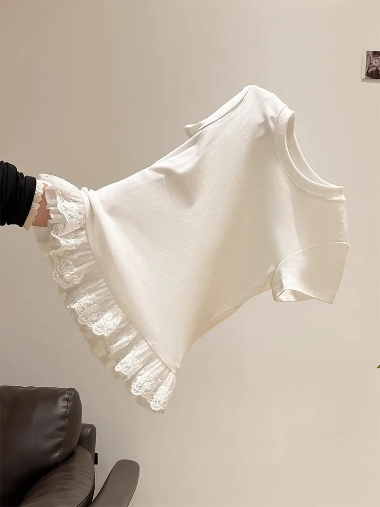 Lace Splicing White Round Neck Short-Sleeved T-Shirt for Women 2025 Summer New Slimming Look Niche Top Trendy — feature 3