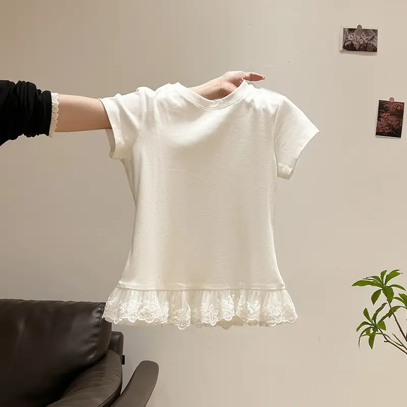 Lace Splicing White Round Neck Short-Sleeved T-Shirt for Women 2025 Summer New Slimming Look Niche Top Trendy — feature 5