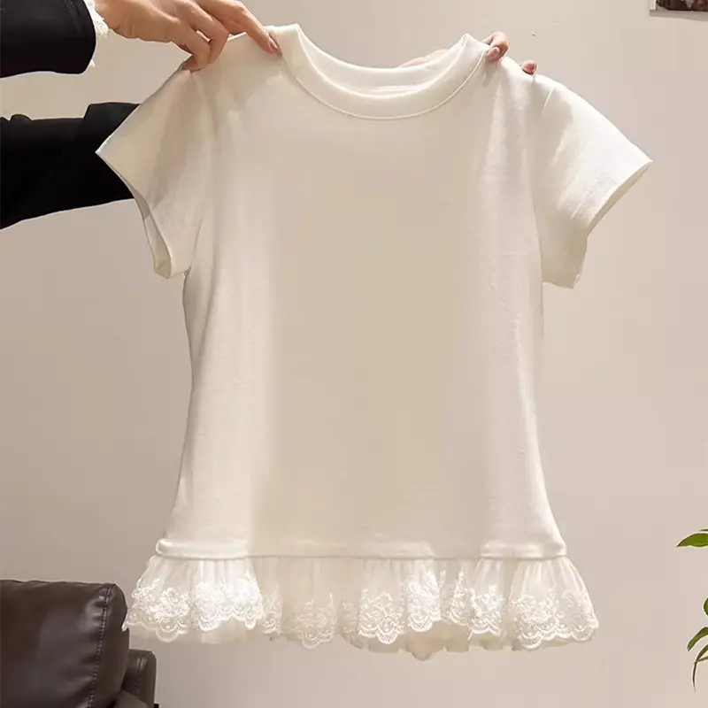 Lace Splicing White Round Neck Short-Sleeved T-Shirt for Women 2025 Summer New Slimming Look Niche Top Trendy — feature 6