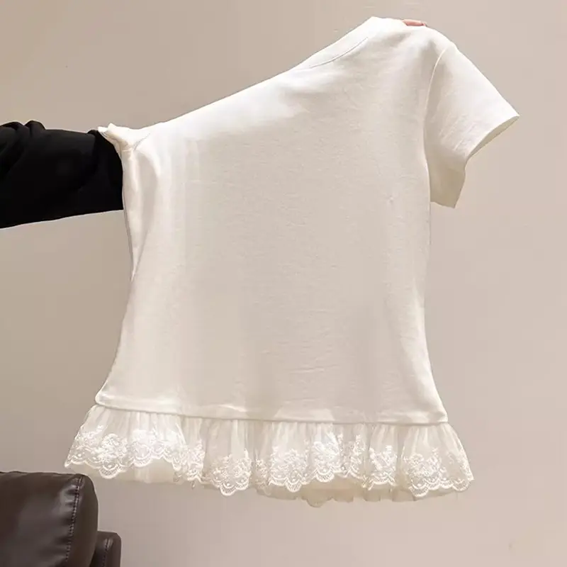 Lace Splicing White Round Neck Short-Sleeved T-Shirt for Women 2025 Summer New Slimming Look Niche Top Trendy — feature 7