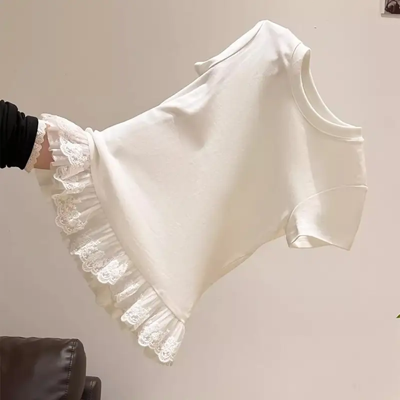 Lace Splicing White Round Neck Short-Sleeved T-Shirt for Women 2025 Summer New Slimming Look Niche Top Trendy — feature 8