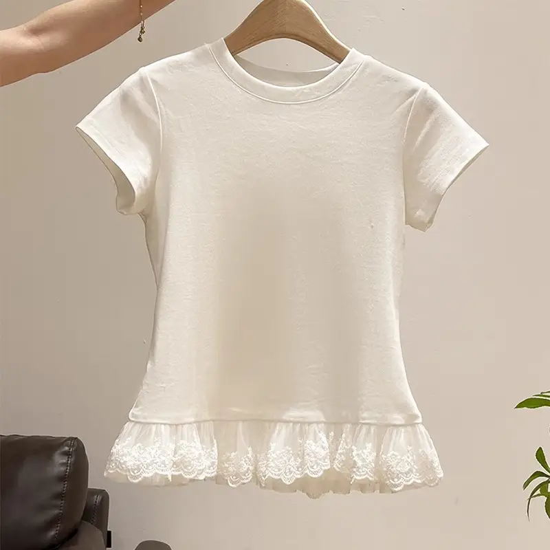 Lace Splicing White Round Neck Short-Sleeved T-Shirt for Women 2025 Summer New Slimming Look Niche Top Trendy — feature 9