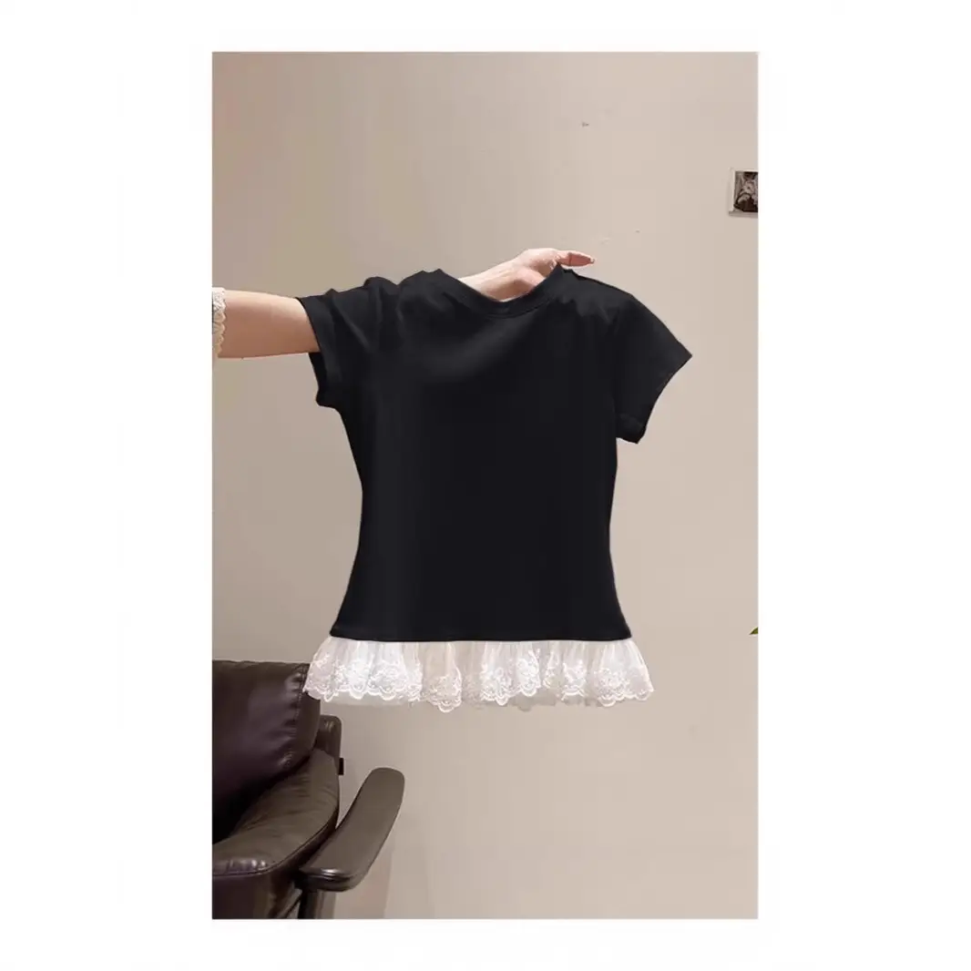 Lace Splicing White Round Neck Short-Sleeved T-Shirt for Women 2025 Summer New Slimming Look Niche Top Trendy