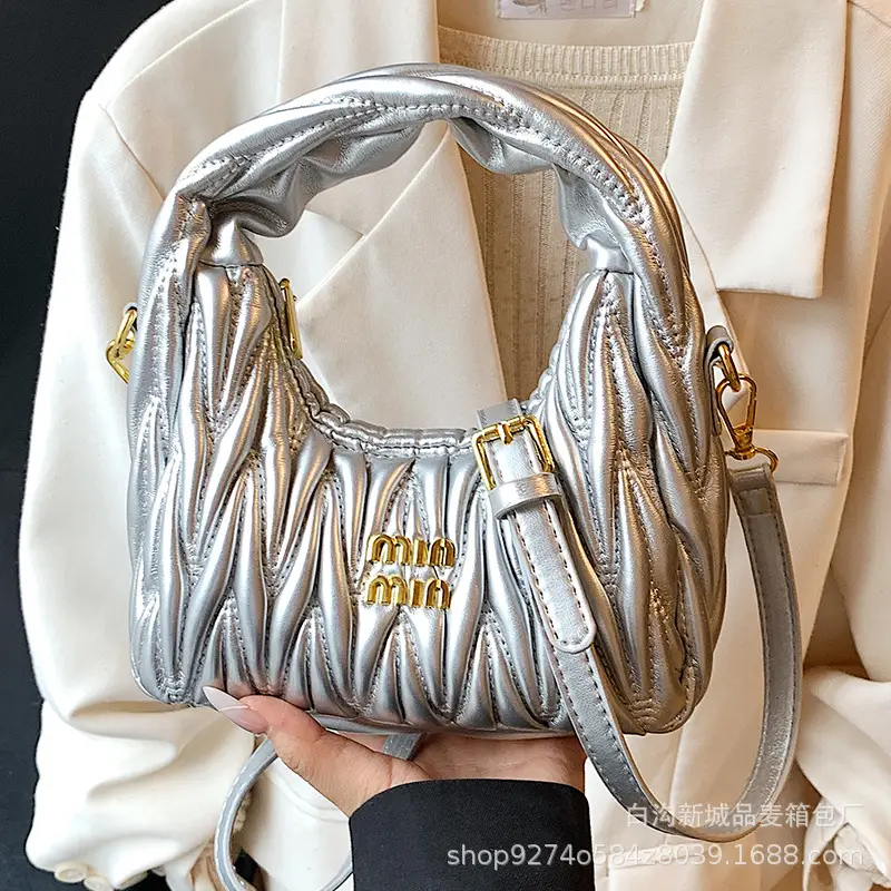 Silver Pleated Shoulder Bag for Women Casual Luxury Handbag - Image 7