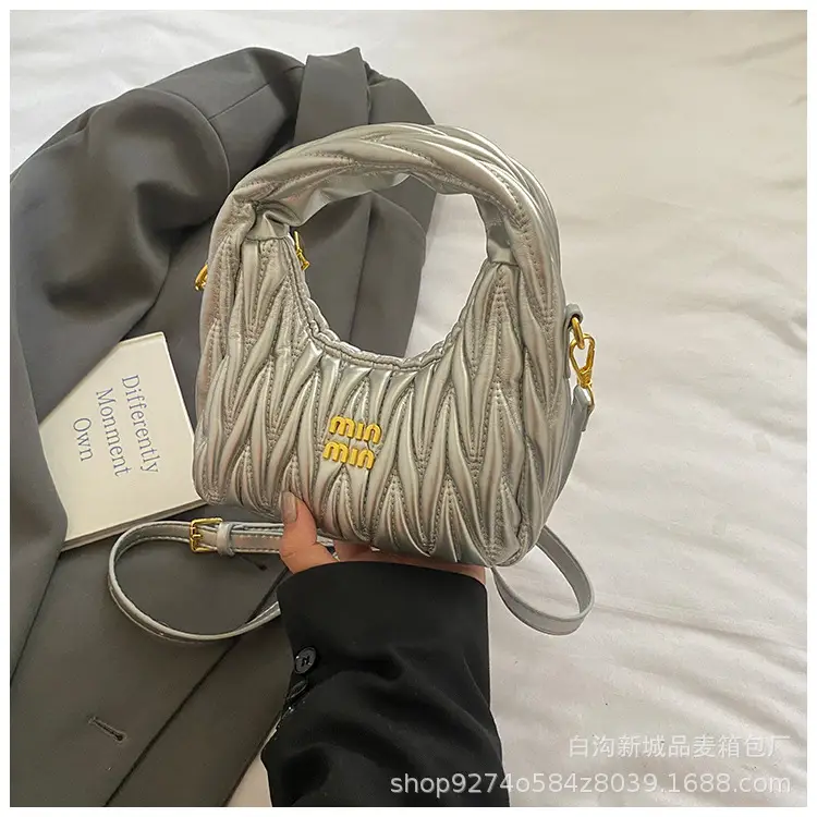 Silver Pleated Shoulder Bag for Women Casual Luxury Handbag - Image 5