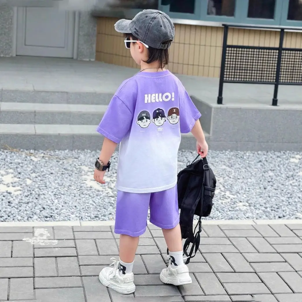 Boys Purple Hello Print Shorts Set Kids Trendy Outfit - Image 5