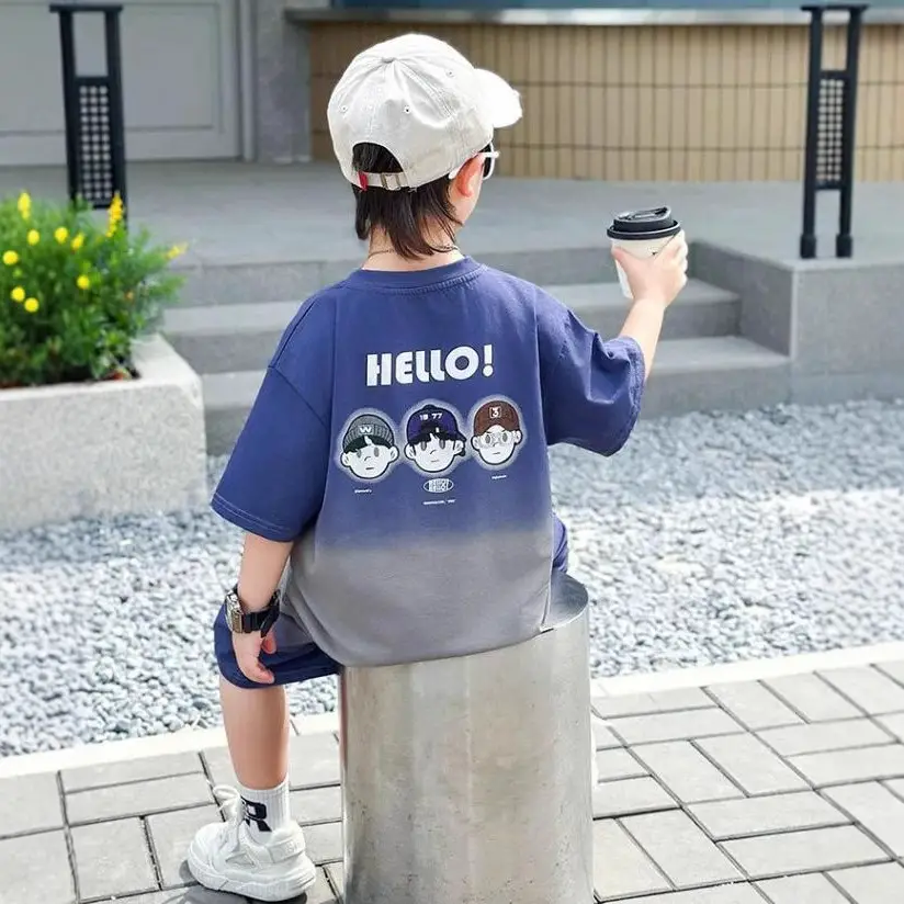 Boys Purple Hello Print Shorts Set Kids Trendy Outfit - Image 6