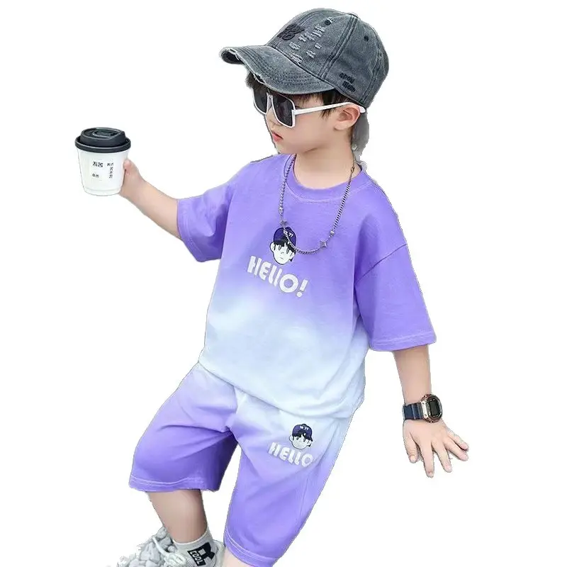 Boys Purple Hello Print Shorts Set Kids Trendy Outfit - Image 7