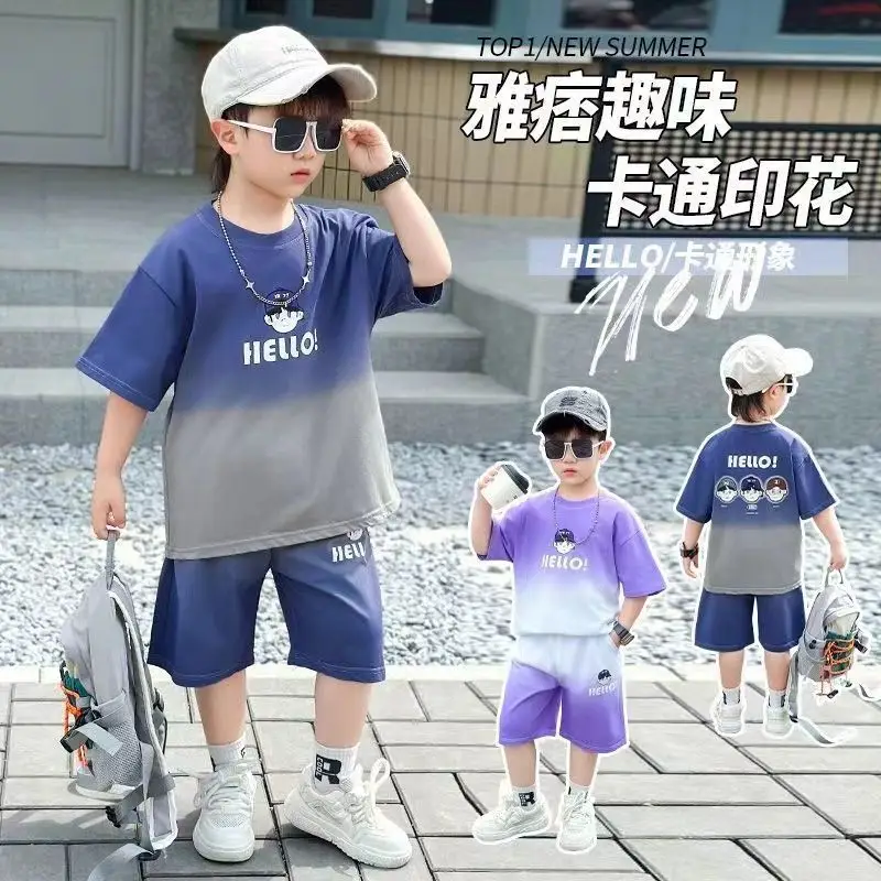 Boys Purple Hello Print Shorts Set Kids Trendy Outfit — feature 1