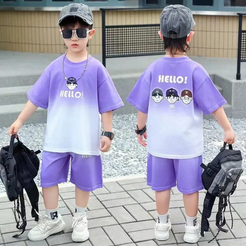 Boys Purple Hello Print Shorts Set Kids Trendy Outfit — feature 3