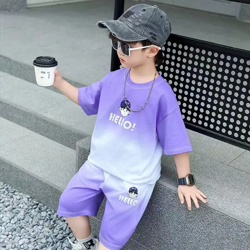 Boys Purple Hello Print Shorts Set Kids Trendy Outfit — feature 4