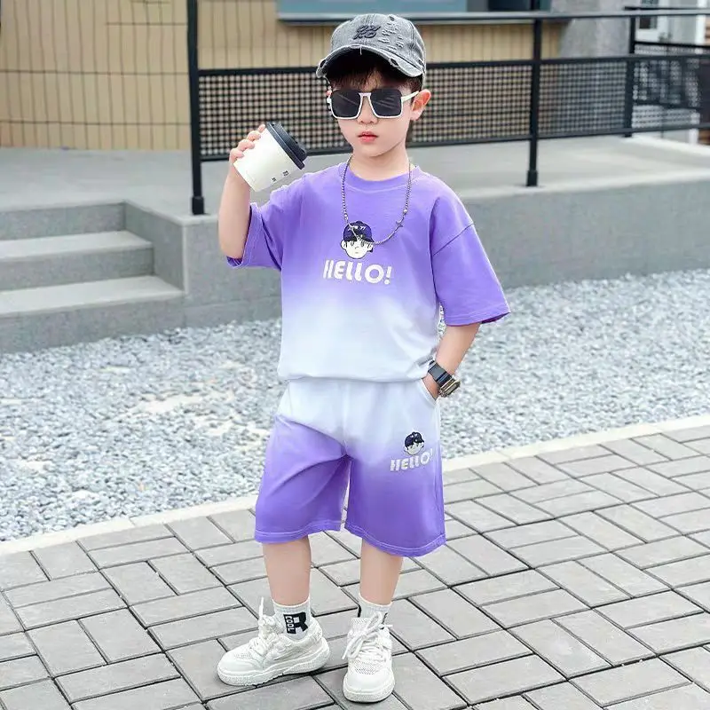 Boys Purple Hello Print Shorts Set Kids Trendy Outfit — feature 5