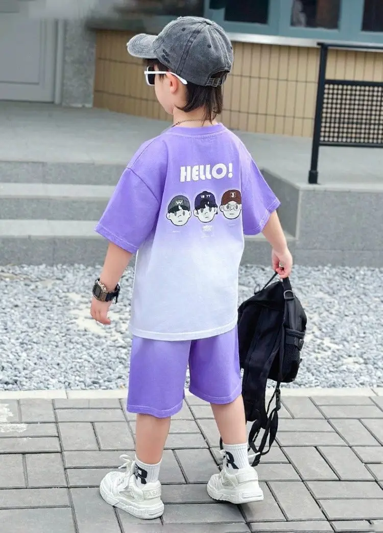 Boys Purple Hello Print Shorts Set Kids Trendy Outfit — feature 6
