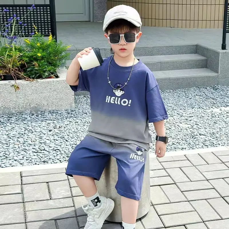 Boys Purple Hello Print Shorts Set Kids Trendy Outfit — feature 9