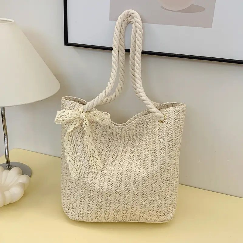 Women Straw Woven Shoulder Bag Beige Rope Handle - Image 4