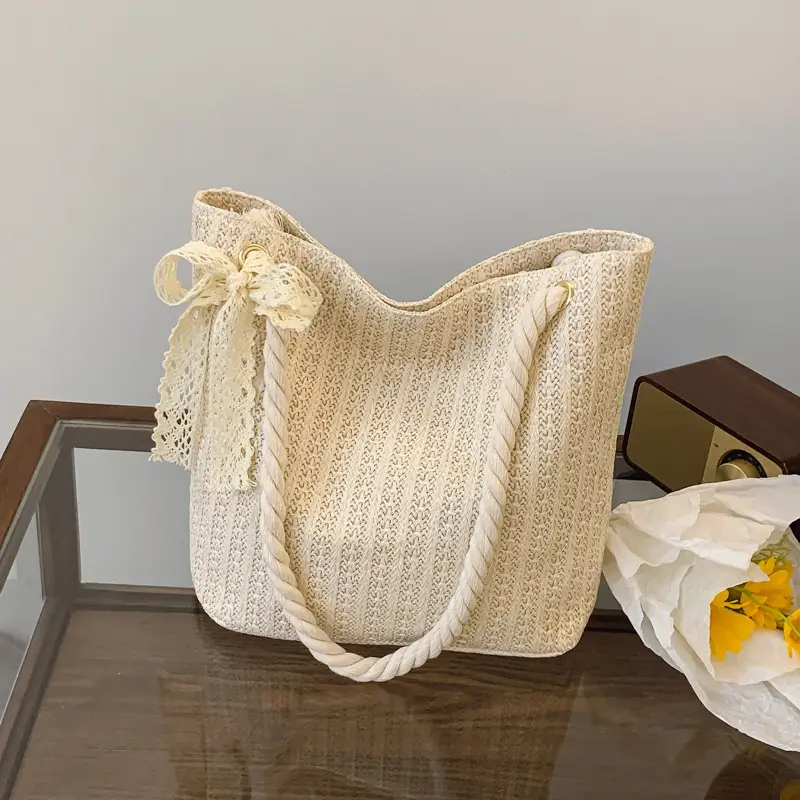 Women Straw Woven Shoulder Bag Beige Rope Handle - Image 6
