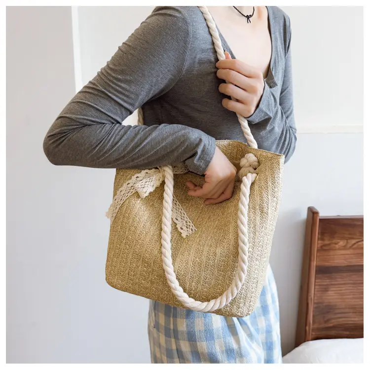 Women Straw Woven Shoulder Bag Beige Rope Handle — feature 10