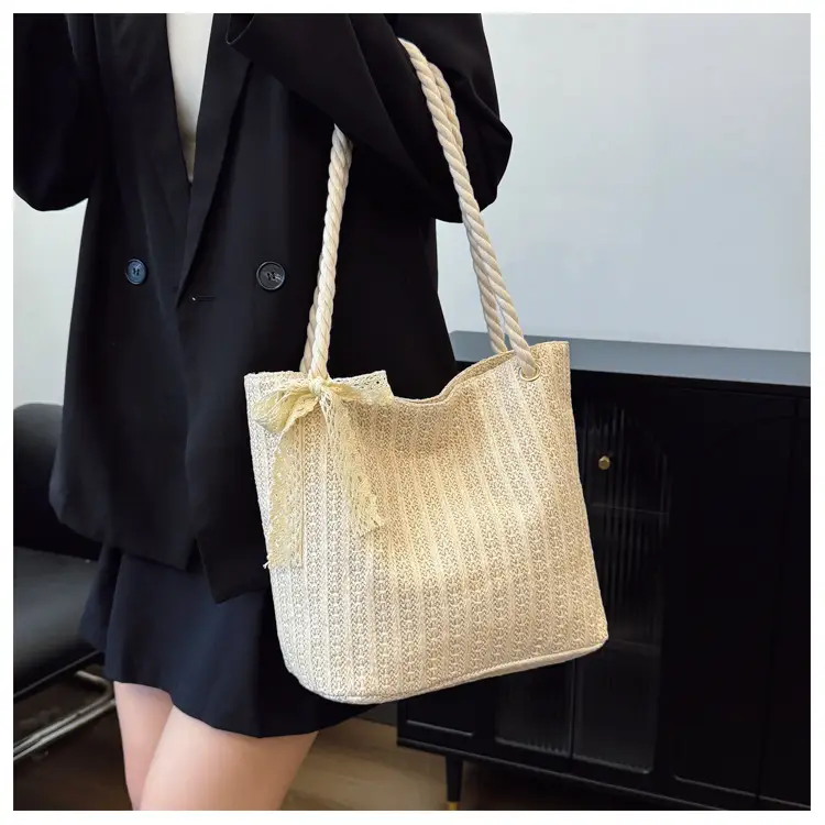 Women Straw Woven Shoulder Bag Beige Rope Handle — feature 16