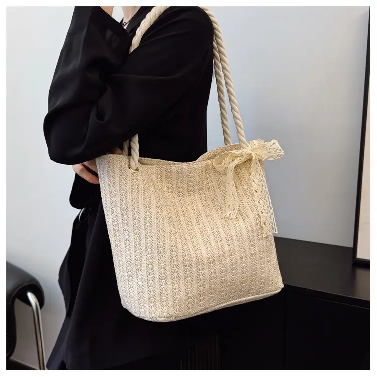 Women Straw Woven Shoulder Bag Beige Rope Handle — feature 17