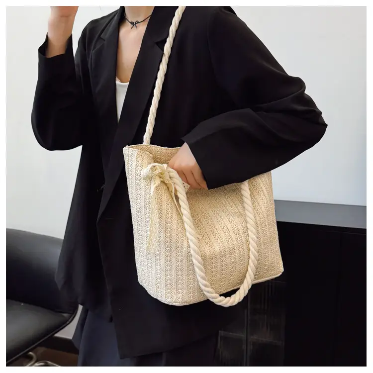 Women Straw Woven Shoulder Bag Beige Rope Handle — feature 18