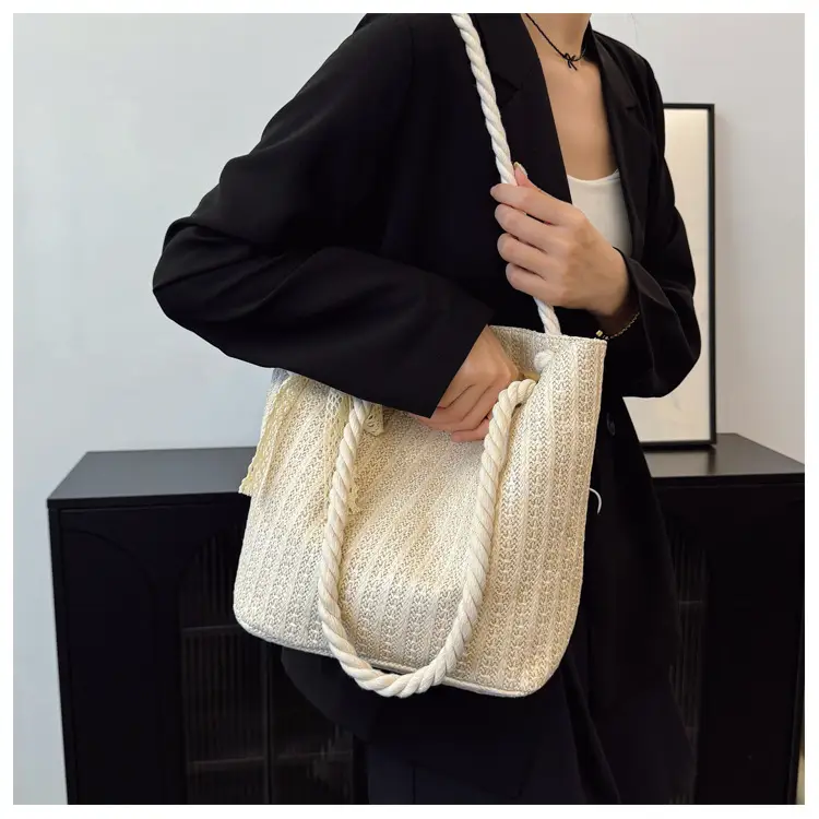 Women Straw Woven Shoulder Bag Beige Rope Handle — feature 19