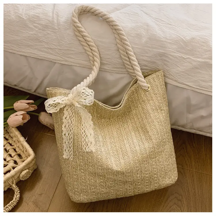 Women Straw Woven Shoulder Bag Beige Rope Handle — feature 20