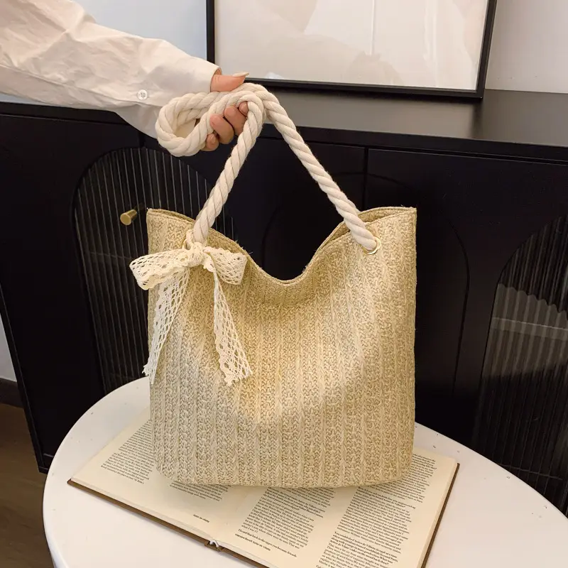 Women Straw Woven Shoulder Bag Beige Rope Handle - Image 2