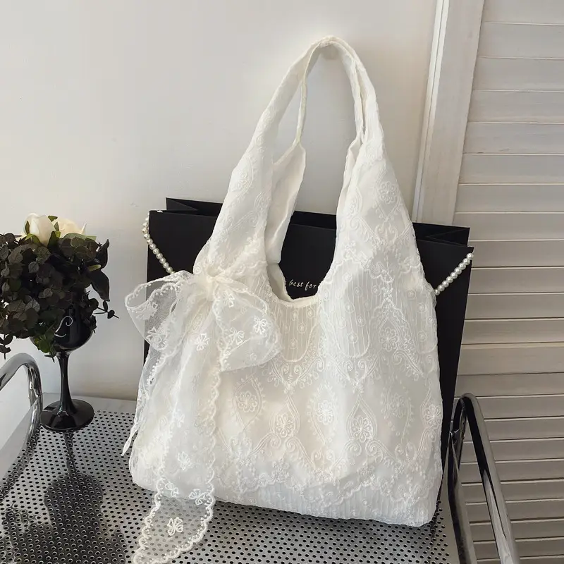 White Korean Style Lace Flower Canvas Shoulder Bag - Image 5