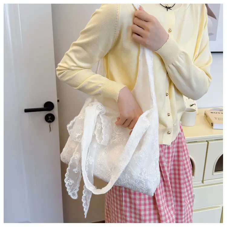 White Korean Style Lace Flower Canvas Shoulder Bag — feature 15