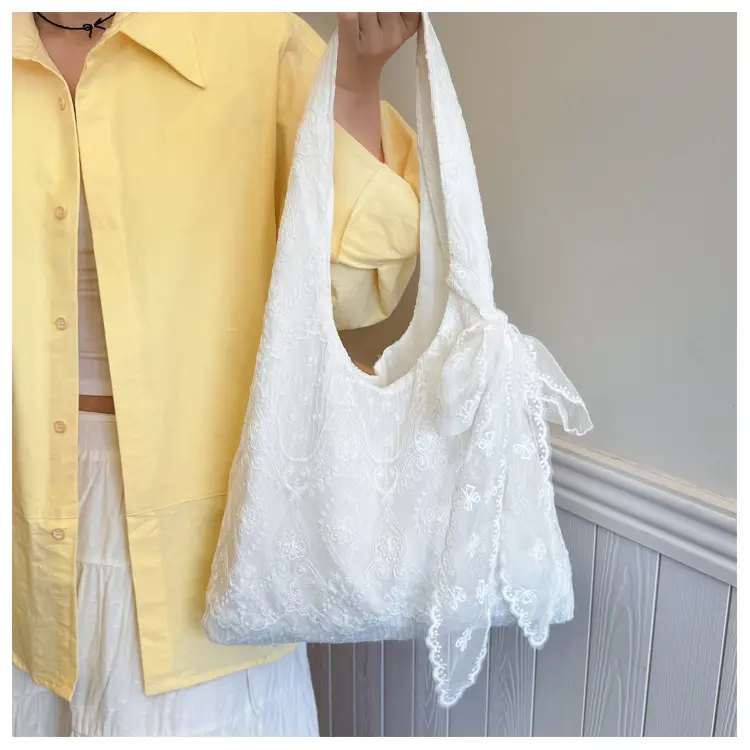 White Korean Style Lace Flower Canvas Shoulder Bag — feature 17