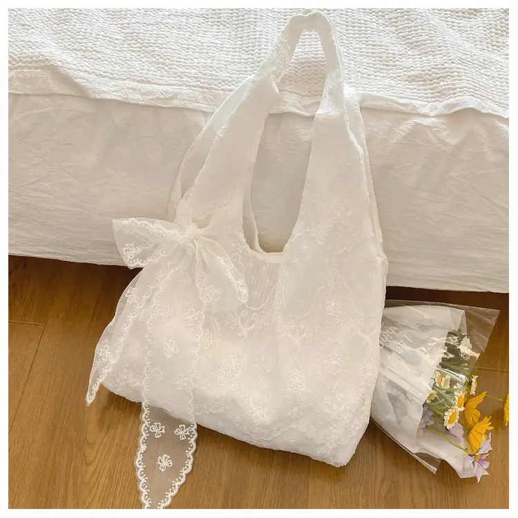White Korean Style Lace Flower Canvas Shoulder Bag — feature 19