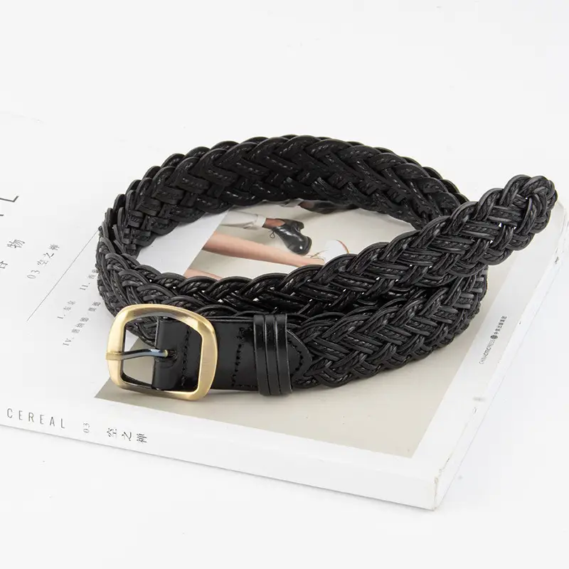 Women's Red Woven Genuine Leather Belt with Gold Buckle