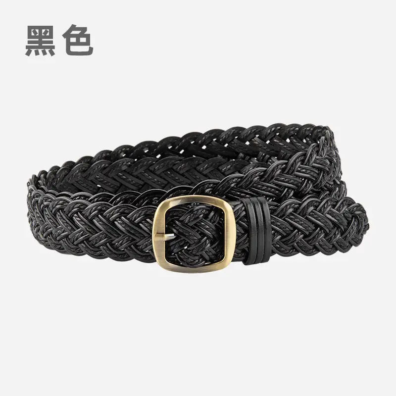 Women's Red Woven Genuine Leather Belt with Gold Buckle - Image 9