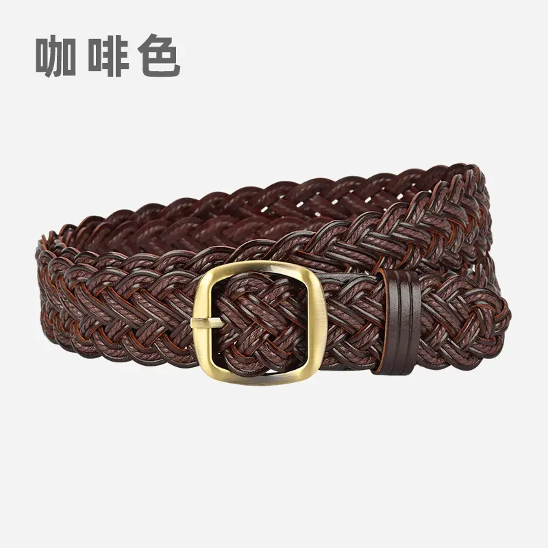 Women's Red Woven Genuine Leather Belt with Gold Buckle - Image 11