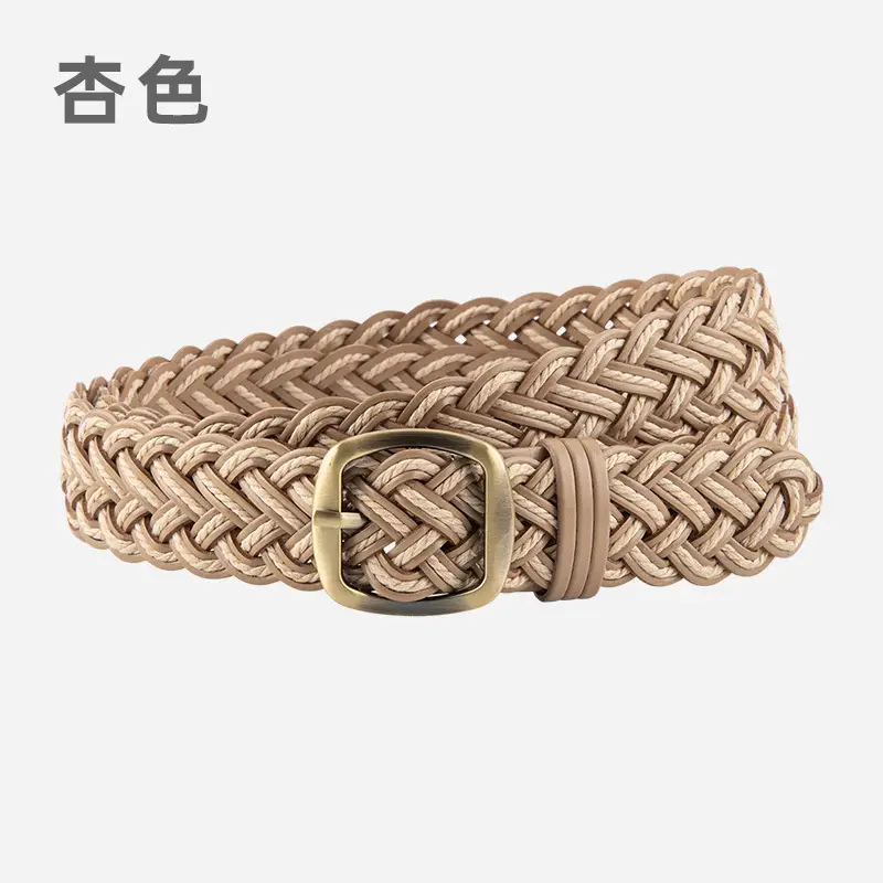 Women's Red Woven Genuine Leather Belt with Gold Buckle — feature 7