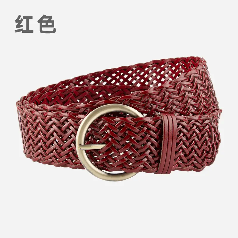 Women's Red Woven Genuine Leather Belt with Gold Buckle - Image 2