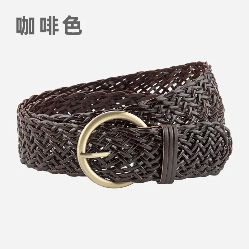 Women's Red Woven Genuine Leather Belt with Gold Buckle - Image 3