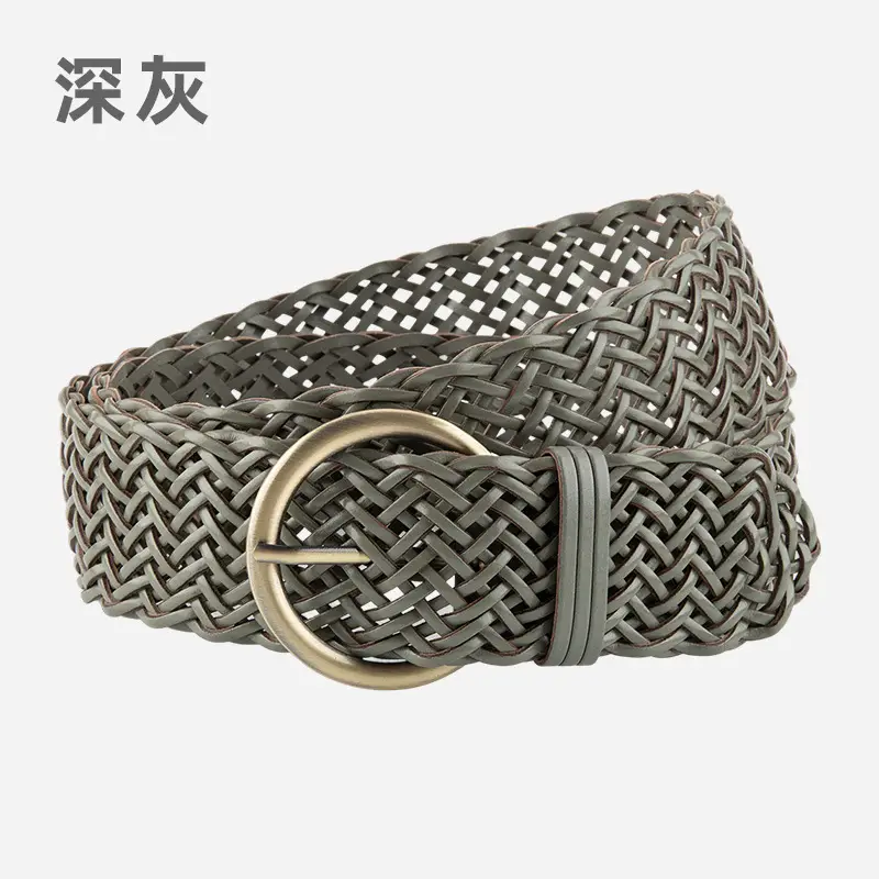 Women's Red Woven Genuine Leather Belt with Gold Buckle - Image 4