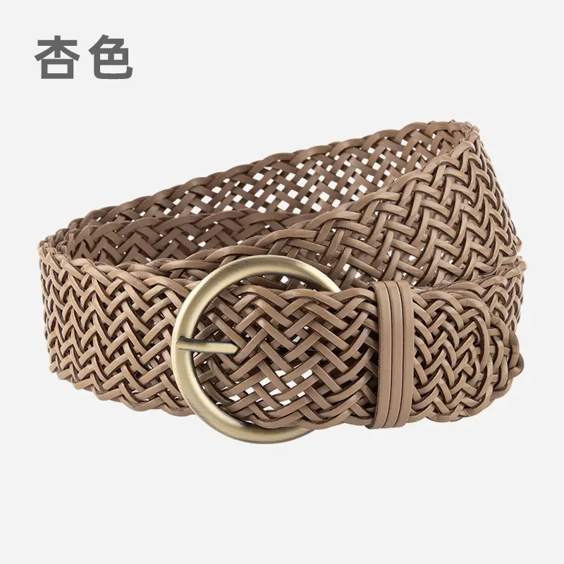 Women's Red Woven Genuine Leather Belt with Gold Buckle - Image 5