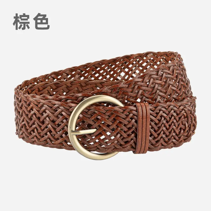 Women's Red Woven Genuine Leather Belt with Gold Buckle - Image 6