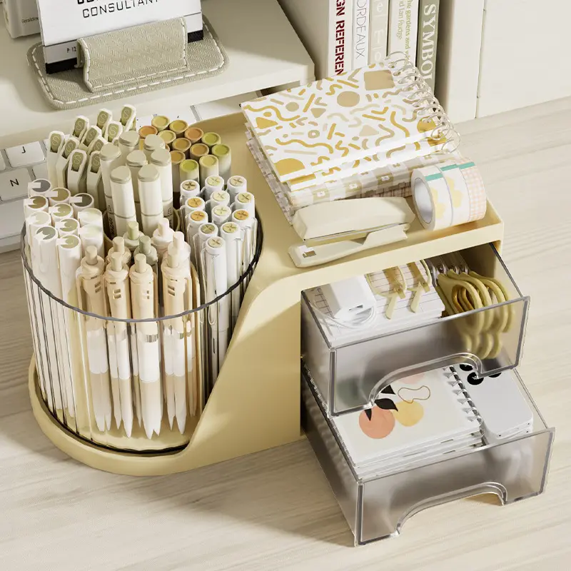 360-Degree Rotatable Pen Holder with Drawer Storage Box
