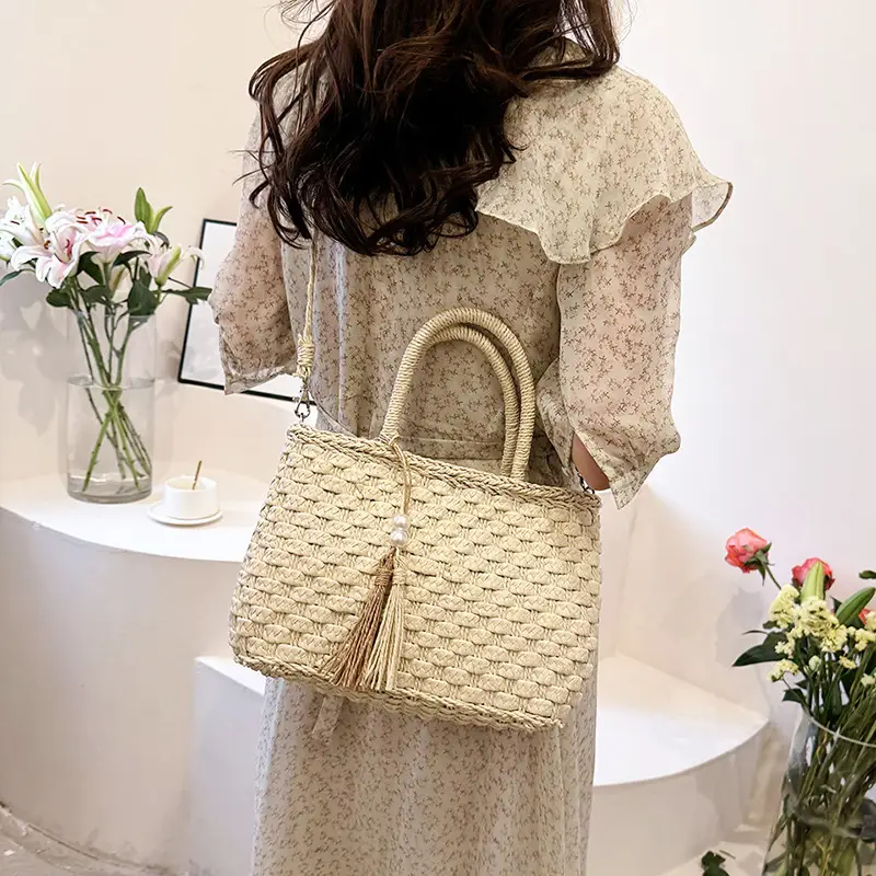New Summer Straw Bag with Pearl Tassel for Women