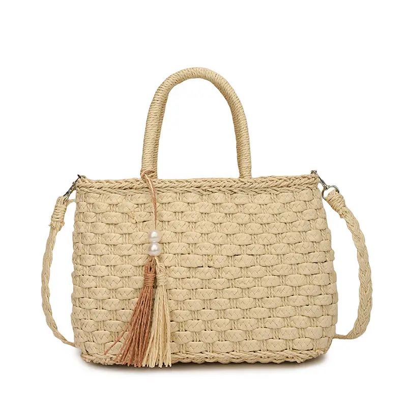 New Summer Straw Bag with Pearl Tassel for Women