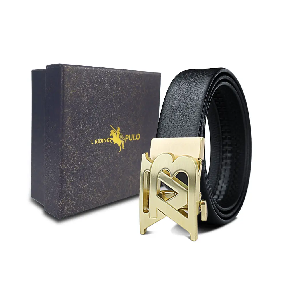 Men's Gold Buckle Genuine Leather Belt with Gift Box - Image 2